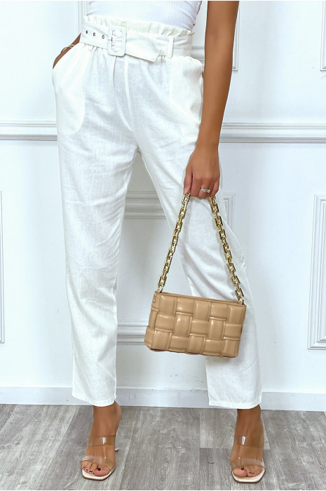 Pantalon tailleur blanc coupe droite avec ceinture - 6