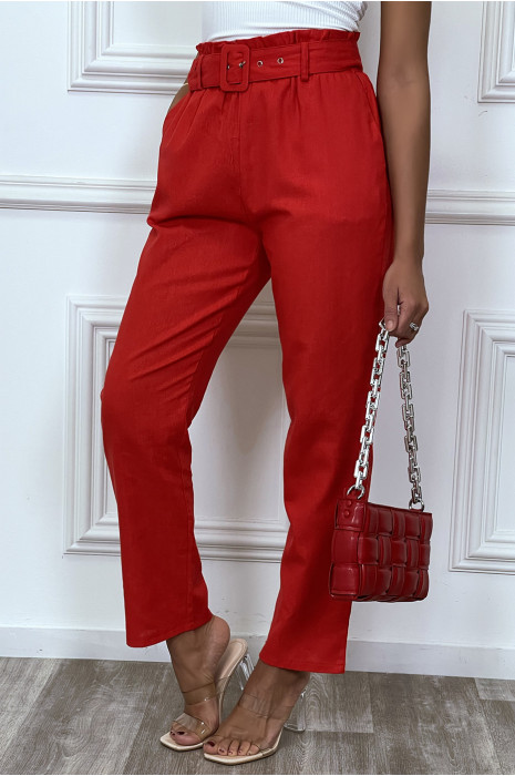 Pantalon tailleur rouge coupe droite avec ceinture - 3