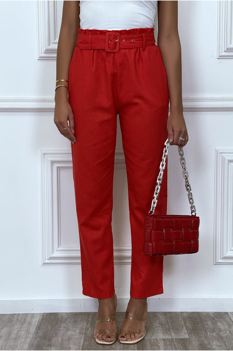 Pantalon tailleur rouge coupe droite avec ceinture - 4