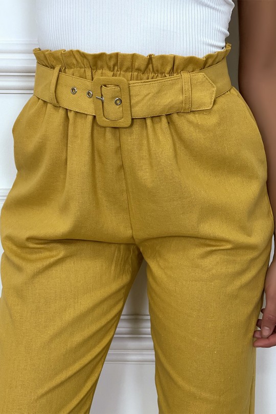 Pantalon tailleur moutarde coupe droite avec ceinture - 2