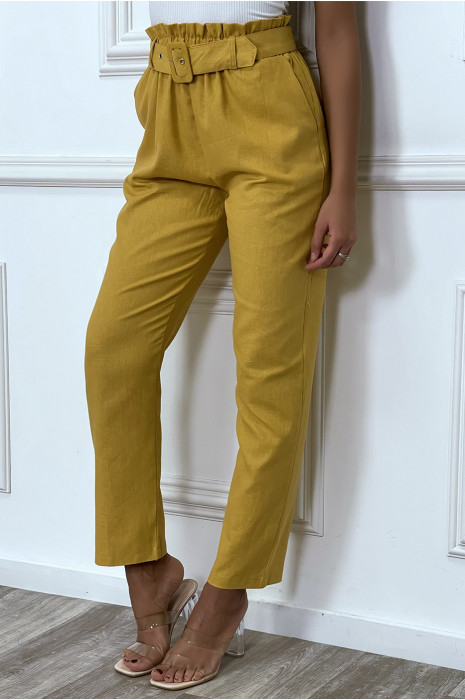 Pantalon tailleur moutarde coupe droite avec ceinture - 3