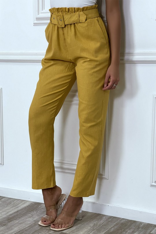 Pantalon tailleur moutarde coupe droite avec ceinture - 3