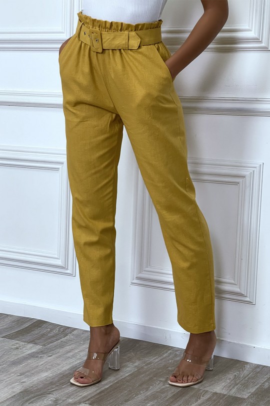 Pantalon tailleur moutarde coupe droite avec ceinture - 4