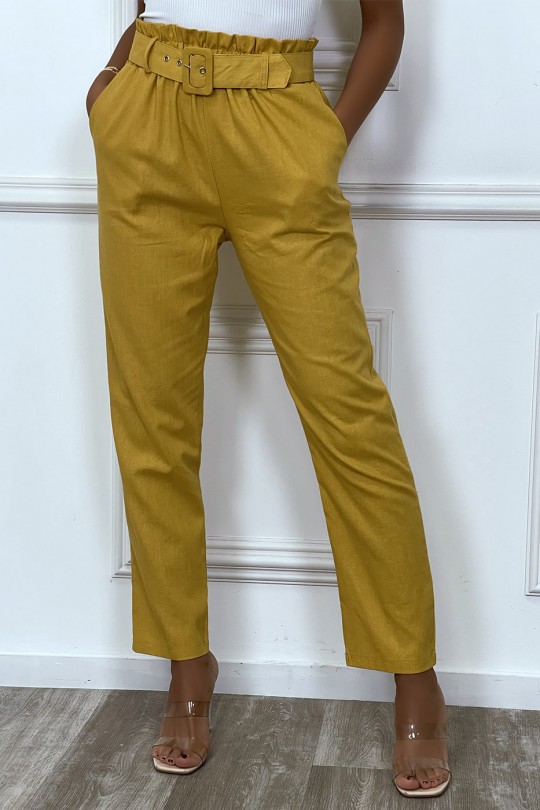 Pantalon tailleur moutarde coupe droite avec ceinture - 5