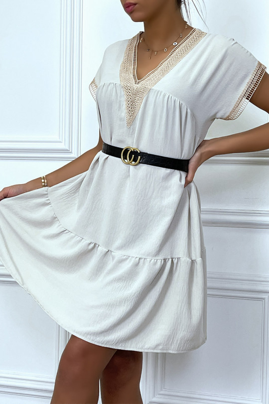 Beige gathered dress with embroidery at the collar and sleeves - 2
