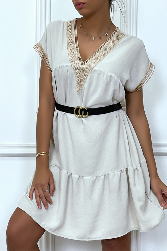 Beige gathered dress with embroidery at the collar and sleeves - 3