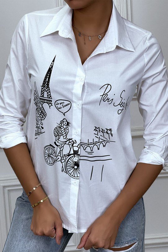Wit getailleerd overhemd met Paris illustratie - 2