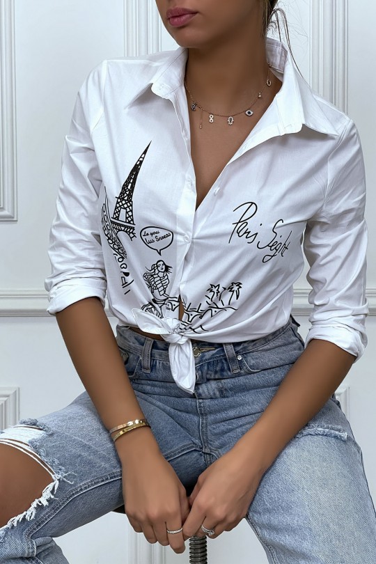 White fitted shirt with Paris illustration - 3