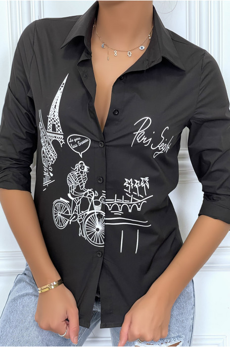 Chemise noire cintrée avec illustration Paris