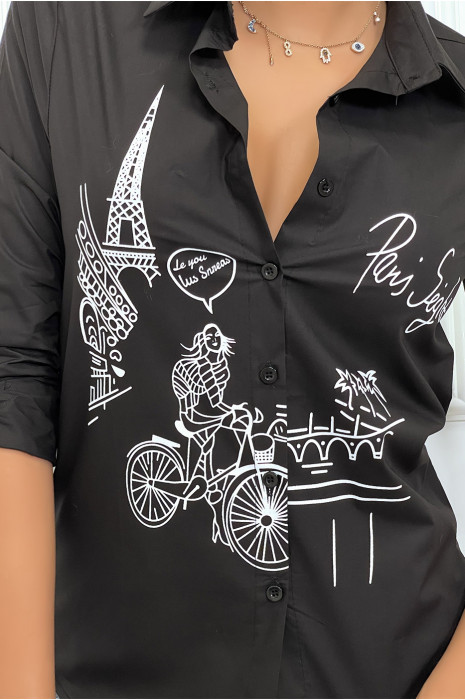 Chemise noire cintrée avec illustration Paris - 2