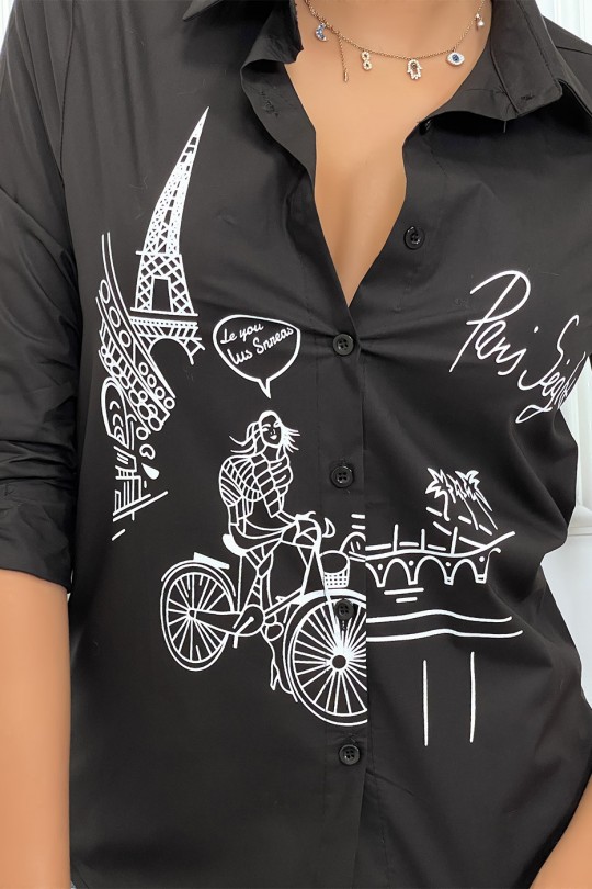 Getailleerd zwart overhemd met illustratie van Parijs - 2
