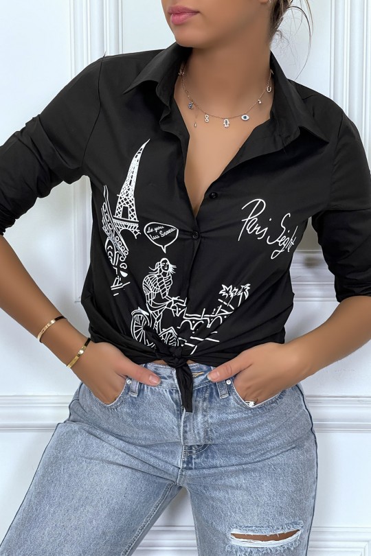 Fitted black shirt with Paris illustration - 3