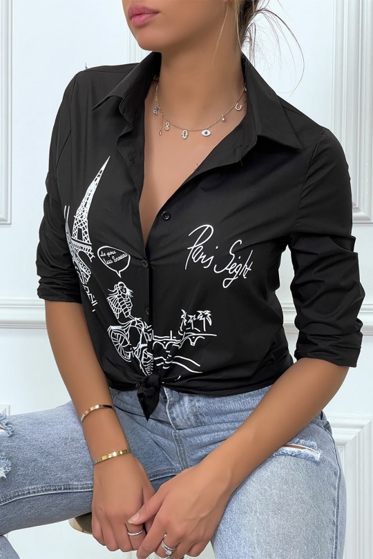 Fitted black shirt with Paris illustration - 4