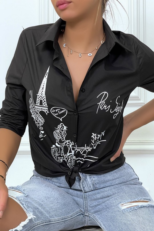 Fitted black shirt with Paris illustration - 5