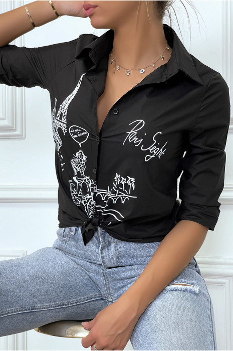 Fitted black shirt with Paris illustration - 6