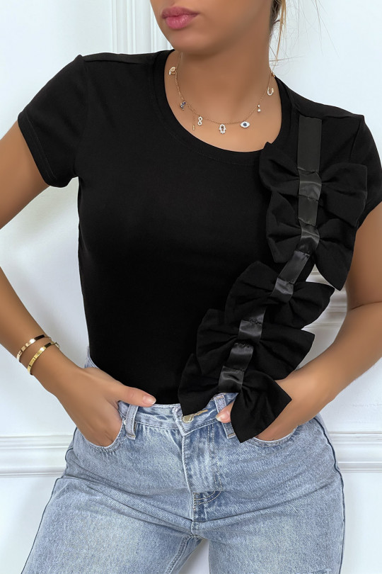Tee-shirt noir à noeud et rubans - 1