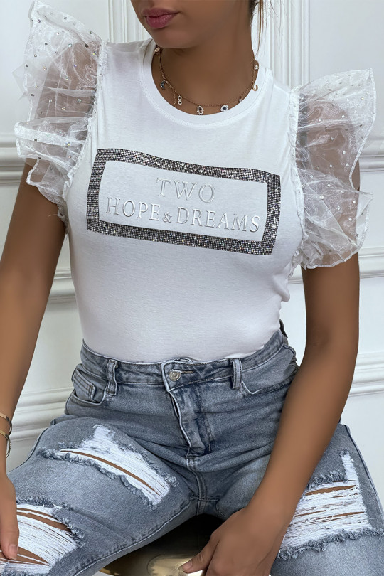 White t-shirt with rhinestones and tulle sleeves - 2
