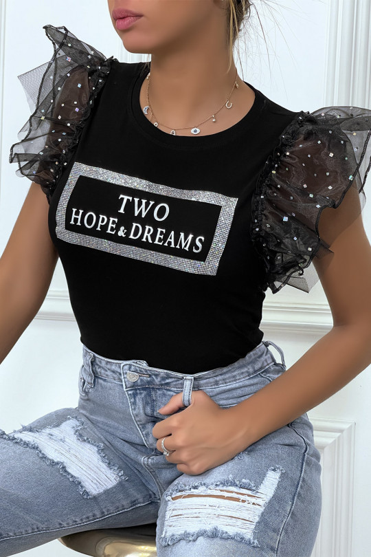 Black t-shirt with rhinestones and tulle sleeves - 1