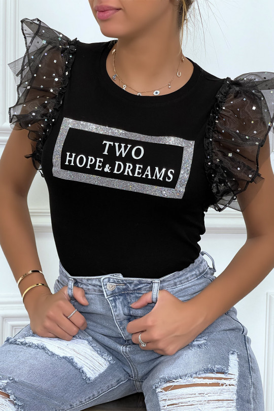 Black t-shirt with rhinestones and tulle sleeves - 3