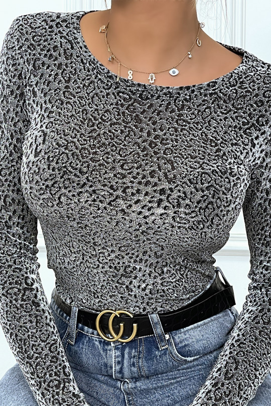 T-shirt léopard argenté à manches longues - 6