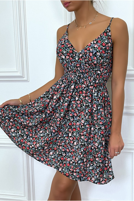 Robe courte fleurie noire, avec bretelles - 3