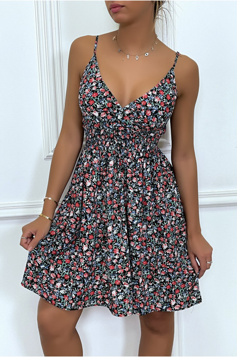 Robe courte fleurie noire, avec bretelles - 4
