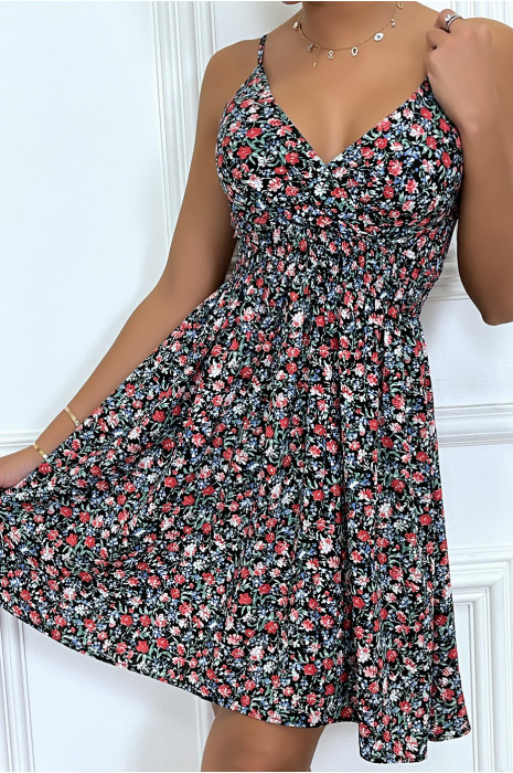 Robe courte fleurie noire, avec bretelles - 5