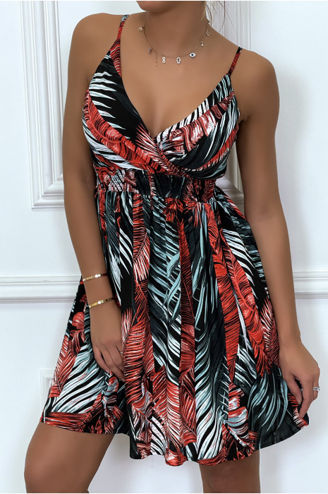 Robe courte imprimés feuilles noire et rouge, avec bretelles - 2