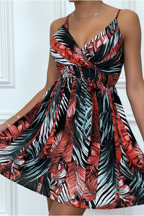 Robe courte imprimés feuilles noire et rouge, avec bretelles - 5