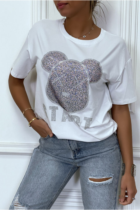 T-shirt ample blanc, à manches courtes avec dessin en strass - 1