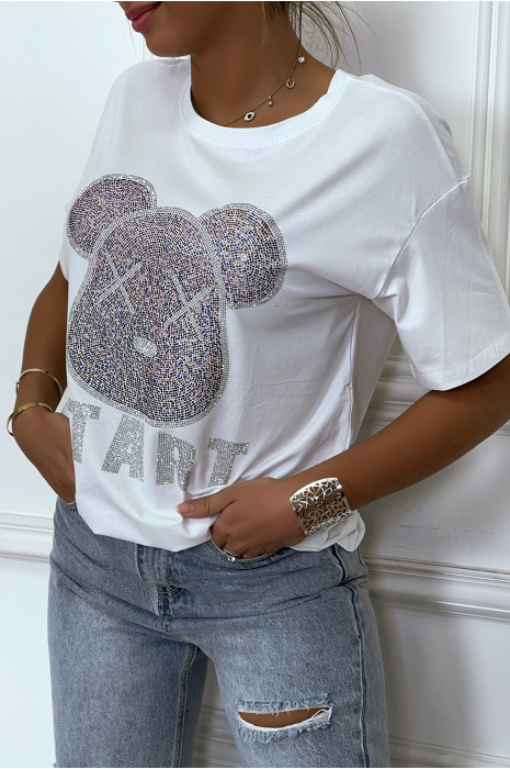 T-shirt ample blanc, à manches courtes avec dessin en strass - 2
