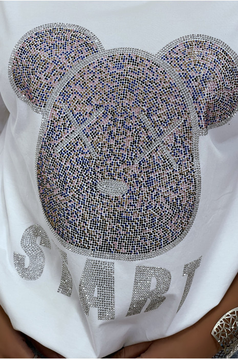 T-shirt ample blanc, à manches courtes avec dessin en strass - 4