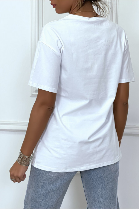 T-shirt ample blanc, à manches courtes avec dessin en strass - 6