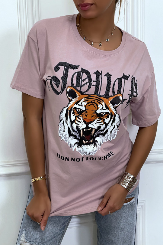 T-shirt ample lila avec "tête de tigre" et écriture, à manches courtes - 1