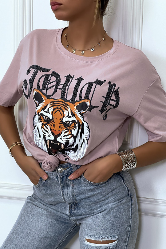 T-shirt ample lila avec "tête de tigre" et écriture, à manches courtes - 2