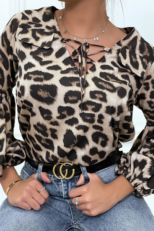 Taupe blouse met luipaardprint en pofmouwen - 2