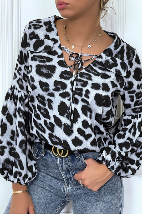 Grijze blouse met luipaardprint en pofmouwen - 1
