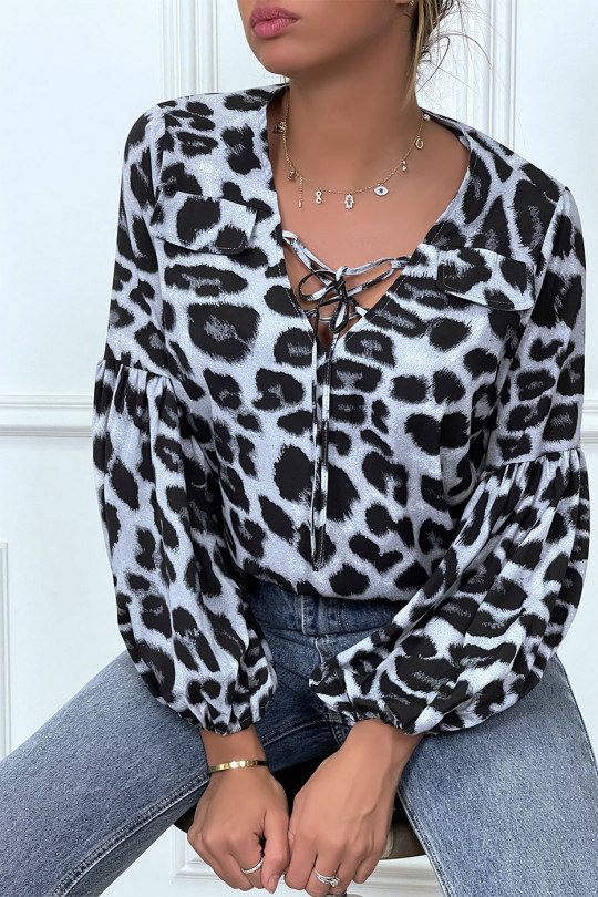 Grijze blouse met luipaardprint en pofmouwen - 4