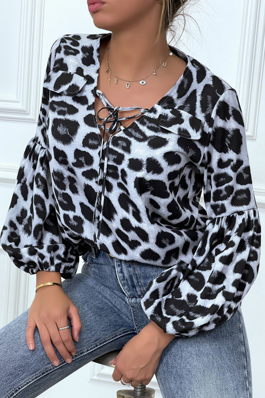 Grijze blouse met luipaardprint en pofmouwen - 5