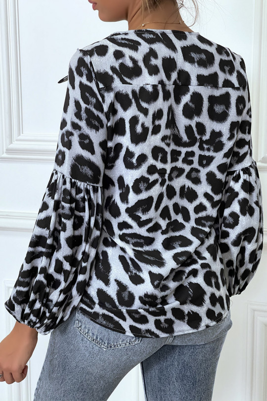 Grijze blouse met luipaardprint en pofmouwen - 6