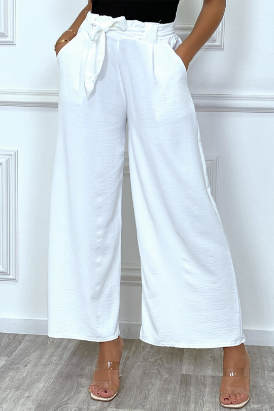 Pantalon palazzo blanc ceinturé, très tendance - 2