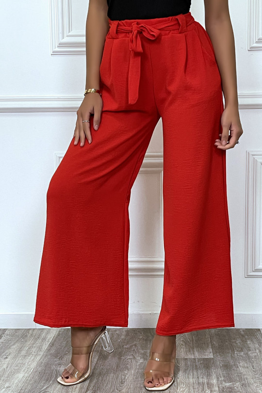 Pantalon palazzo rouge ceinturé, très tendance - 2