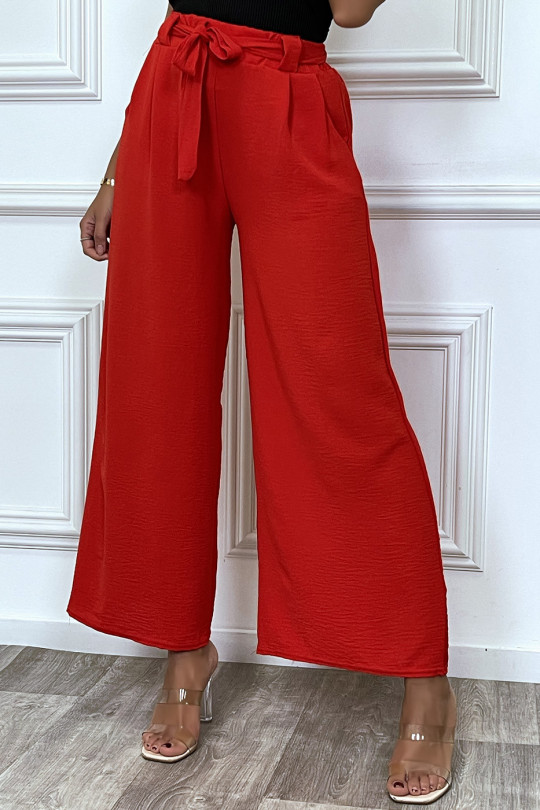 Pantalon palazzo rouge ceinturé, très tendance - 3