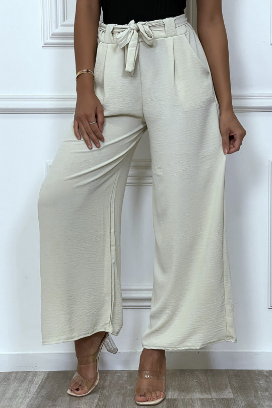 Belted beige palazzo pants, very trendy - 2