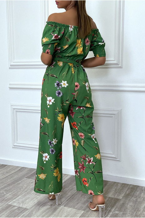 Combinaison palazzo verte fleurie à col bateau - 4
