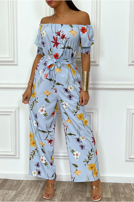 Combinaison palazzo bleu turquoise fleurie à col bateau - 1