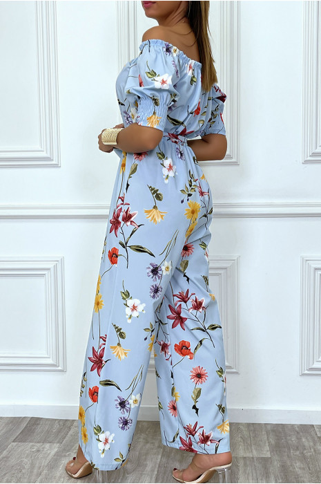 Combinaison palazzo bleu turquoise fleurie à col bateau - 4