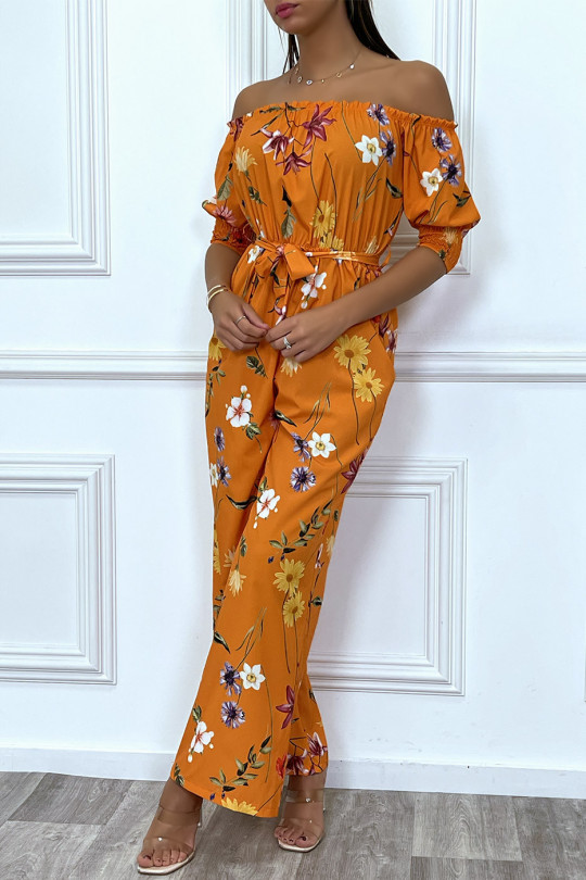 Oranje palazzo-jumpsuit met boothals en bloemenprint - 1