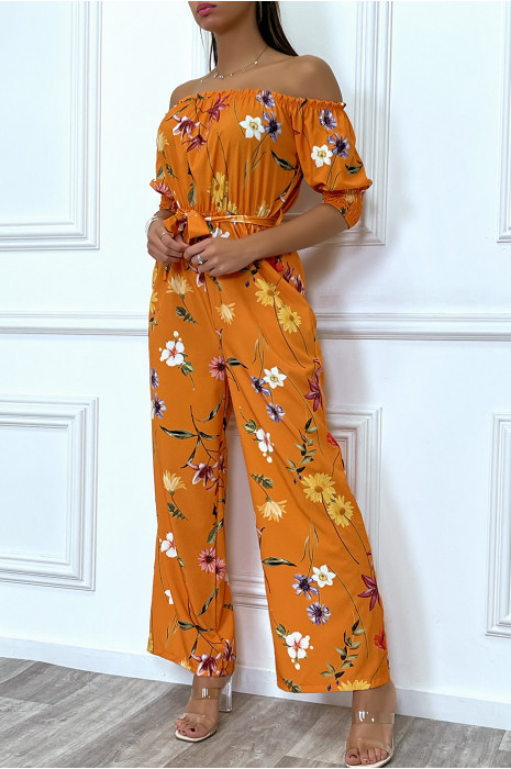 Orange floral boat neck palazzo jumpsuit - 2
