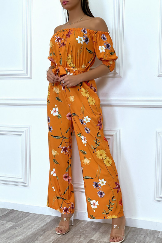 Oranje palazzo-jumpsuit met boothals en bloemenprint - 2
